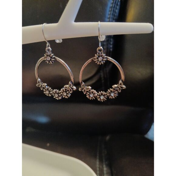 Silver Flower Hoop Earrings Floral Dangle - Picture 7 of 9